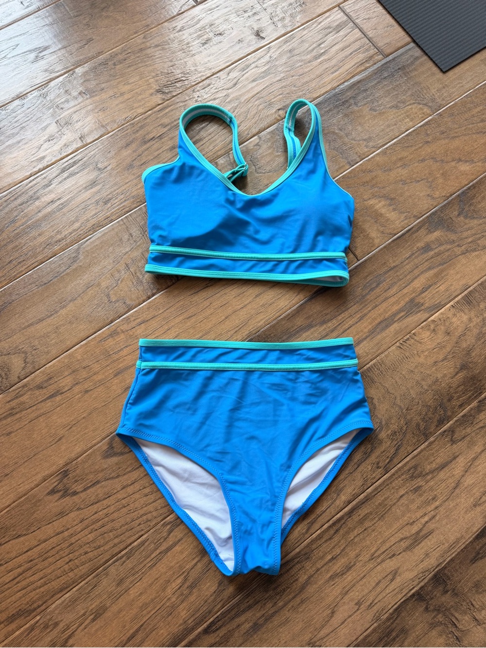 Blue High-Waist Swim Bikini Set with Contrast Trim